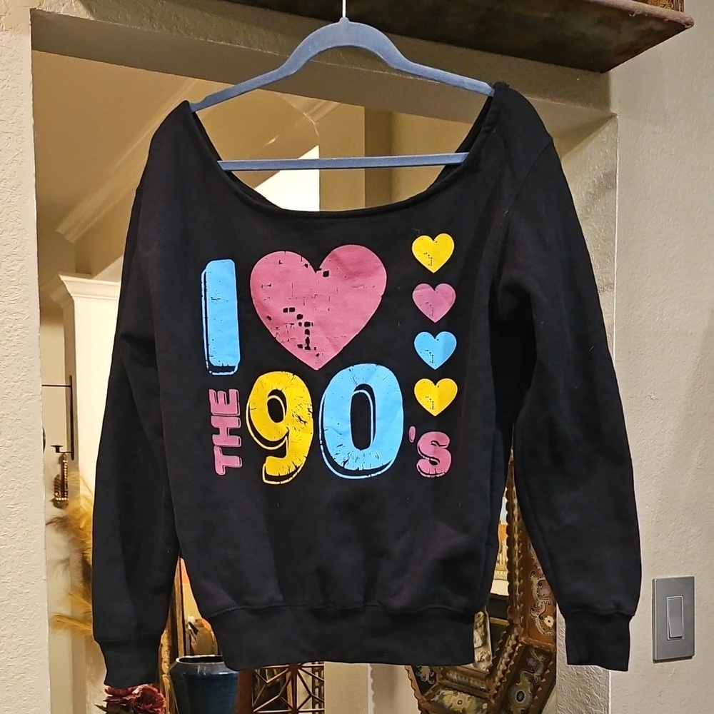"I LOVE THE 90'S" Awkward Styles Colored HEARTS Black Women's Wide Neck Sweater